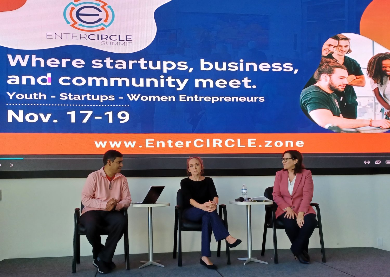 Link founder Raghu Misra, Tourist Development Council executive director Tera Meeks and Chamber president and CEO Isabel Renault, from left, discuss the upcoming ENTERCIRCLE 2021 Summit.